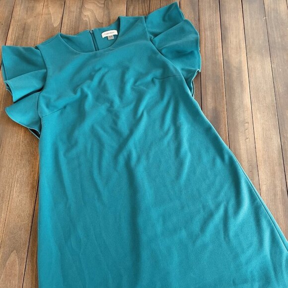 Calvin Klein Green Scuba Flutter Sleeve Stretch Dress - Size 12 (D7) - Picture 2 of 7